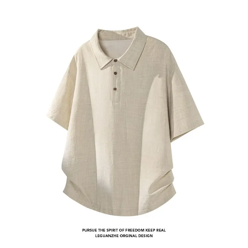Loose Fit Button up Collar Short Sleeve T-Shirt for Men And Women Black Apricot Color Casual Youthful Style Polyester Fiber