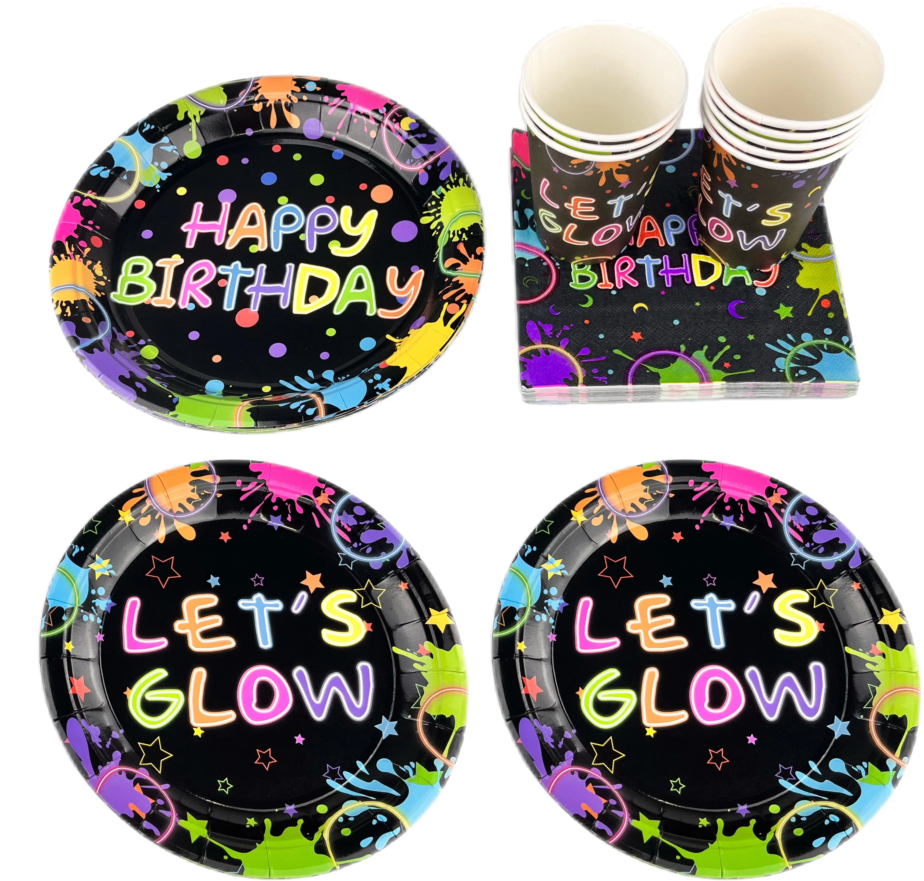 Neon Theme Disposable Tableware Paper Plates Cups Napkins Banner Tablecloth Let\'s Glow Happy Birthday Party Decor Supplies