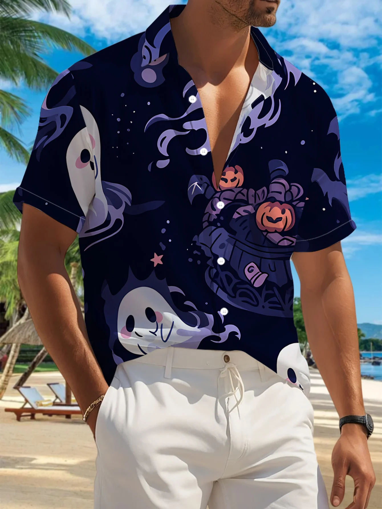 Men's Shirt Halloween Ghost Pumpkin Cauldron Print Dark Base Short Sleeve Turn Down Collar Holiday Party Casual Mens Clothing