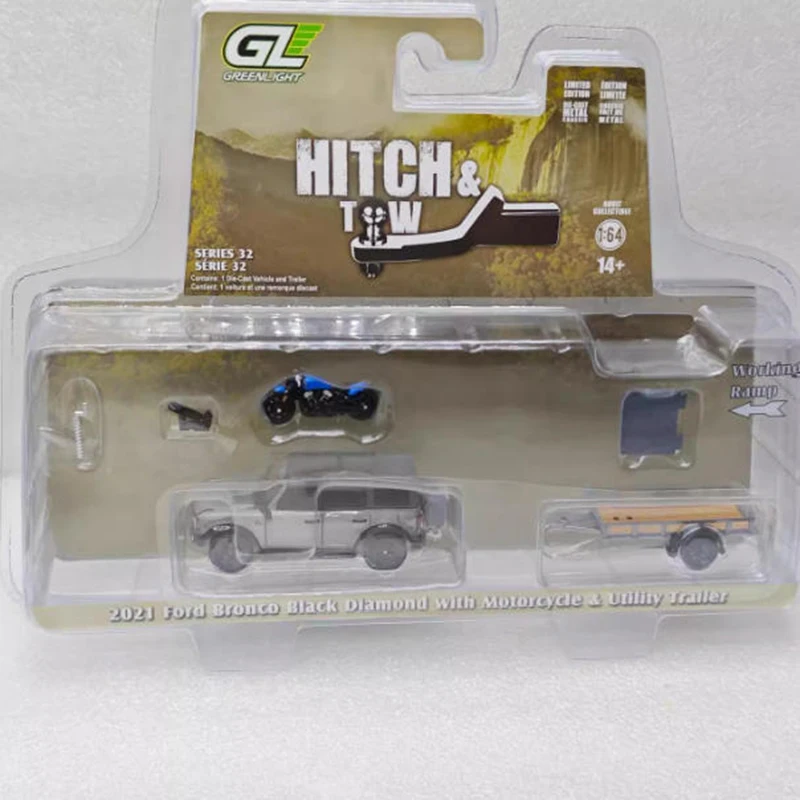 

GreenLight 1:64 H&T 32-2021 Ford Bronco & Trailer & Motorcycle Alloy Car Model Toy Gift Collection Display Souvenir