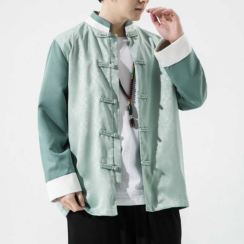 

Spring Autumn Ice Silk Jaet Youth Buttoned Large Size Hanfu Zen Sle Coat Stand Collar Long Sve Loose Fit Outerwear