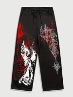 Pantalones Nuevos de Estilo Gótico Oscuro, Estampados en Rojo y Negro, Holgados, con Diseño de Cruz de Alas Colgantes, Casuales, para Hombre y Mujer