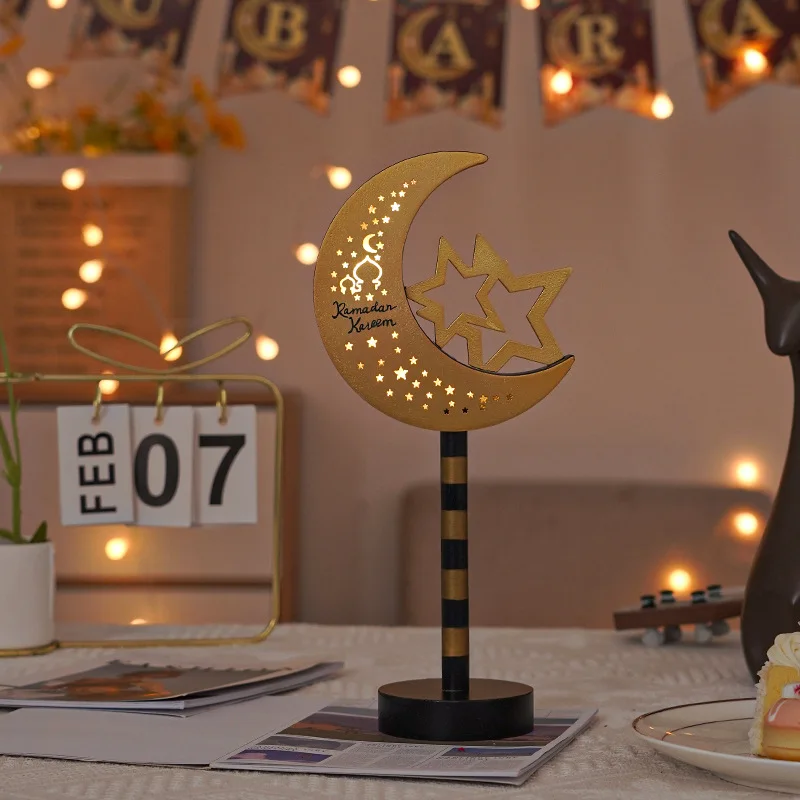 

EID Mubarak Wooden Ornaments Moon LED Lights, Ramadan Lamp, Islam Muslim Event Party, Home Table Decoration, Kareem Gifts, 2024