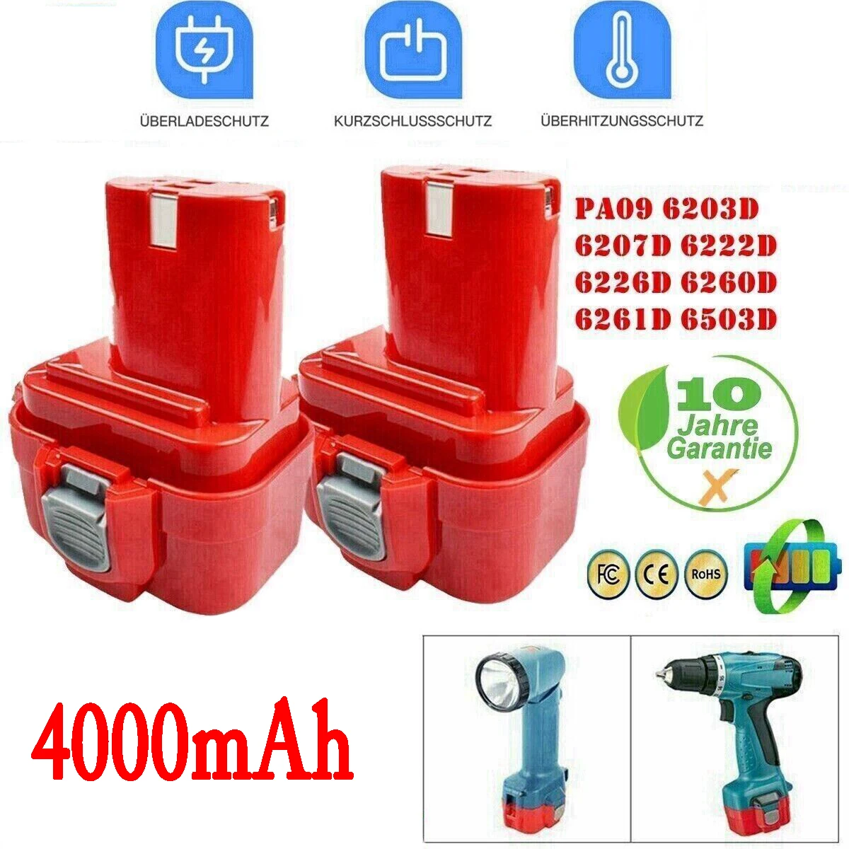 9.6V 4.0Ah Replacement for Makita PA09 9120 9134 9135 9135A 9102 6207D 6222D 6261D 6207D 192595-8 192596-6 Power Tool Battery