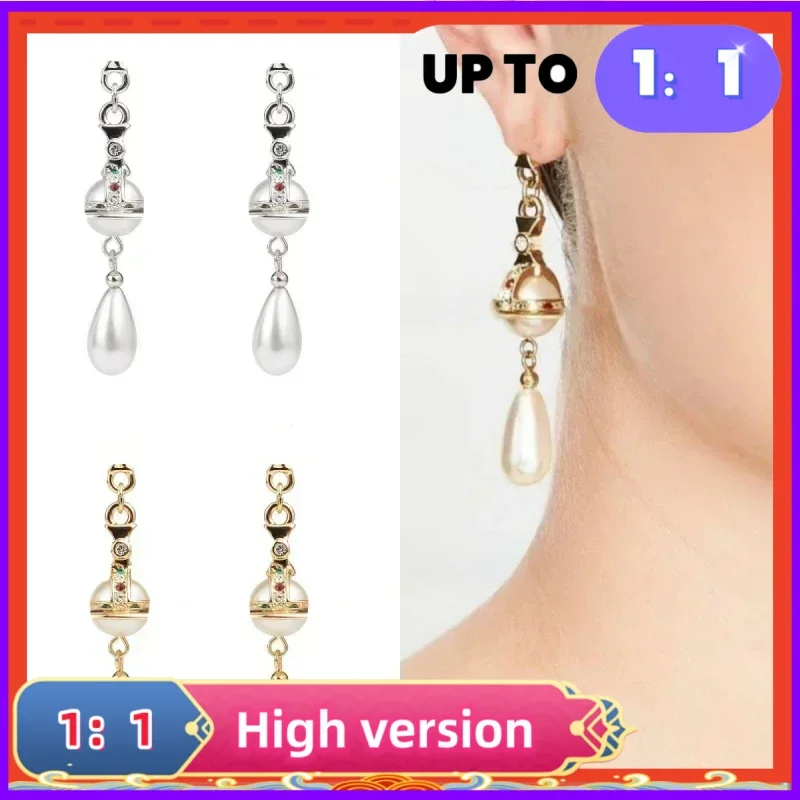 European and American Fashion Engraved Classic Saturn Pearl Water Drop Earrings for Women's High-end