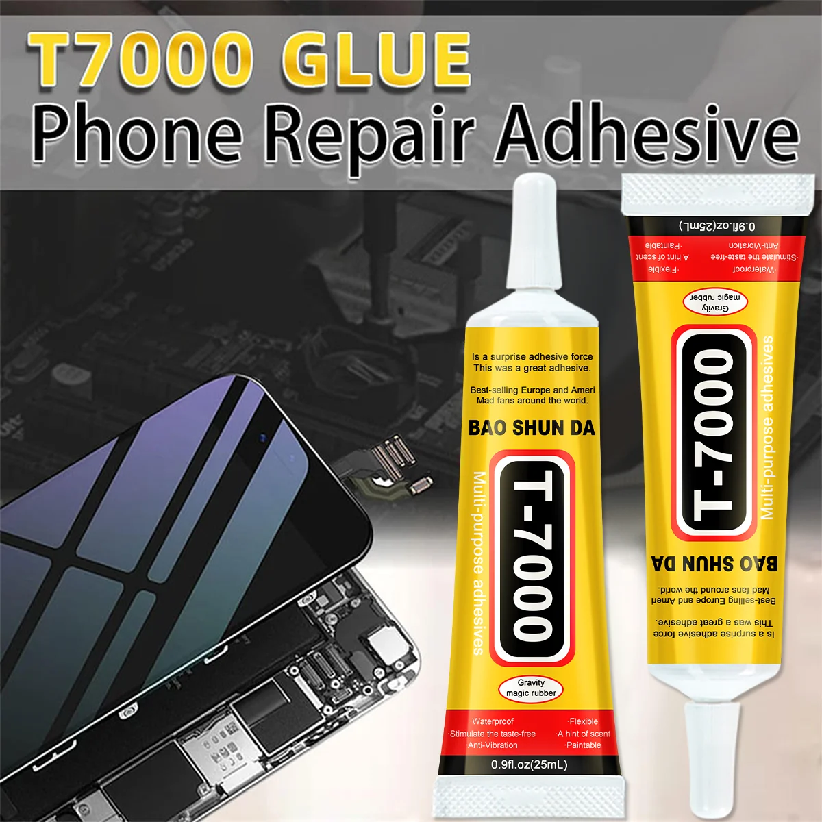 T7000 Black Adhesive Glue, Strong Glue, Epoxy Resin Repair, Liquid Glue for Mobile Phone Touch Screen, with Fine Needle Outlet, T-7000 Universal Plastic Glue for Glass DIY