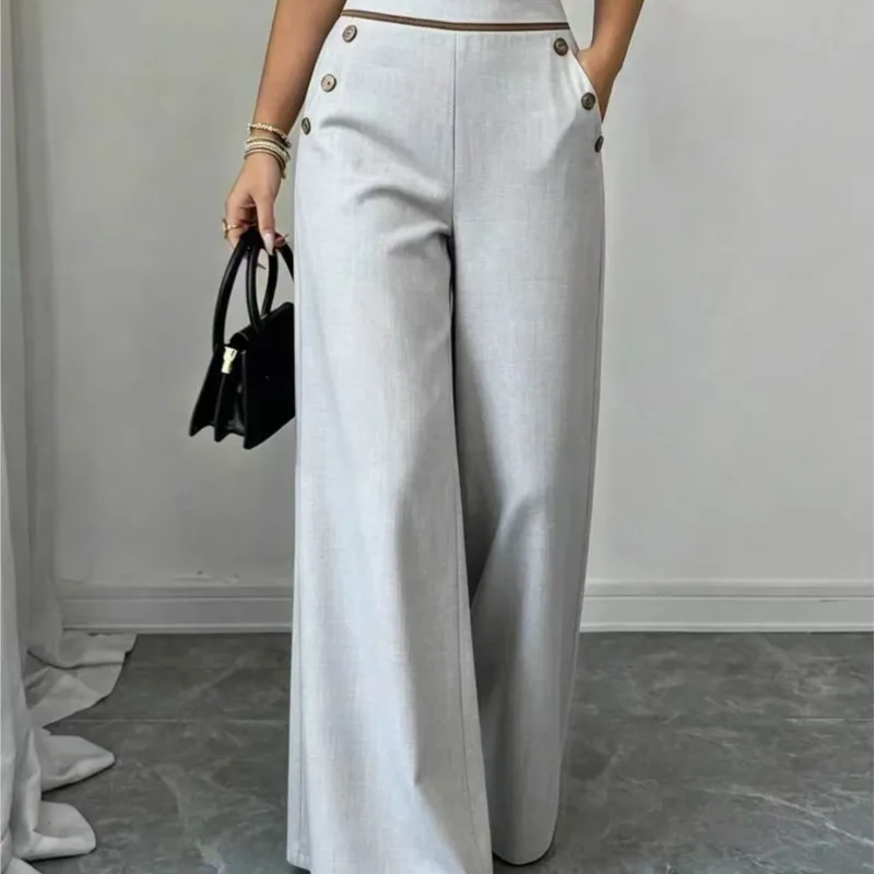 Women High Waist Pockets Wide Leg Pants Autumn Contrast Trim Decor Button Trousers Elegant Office Formal Straight Long Pants