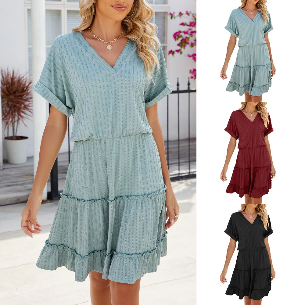 

2024 Summer V-neck Short-sleeved Solid Colour Patchwork Pleated Dress Women Loose Comfortable Casual Short Dresses