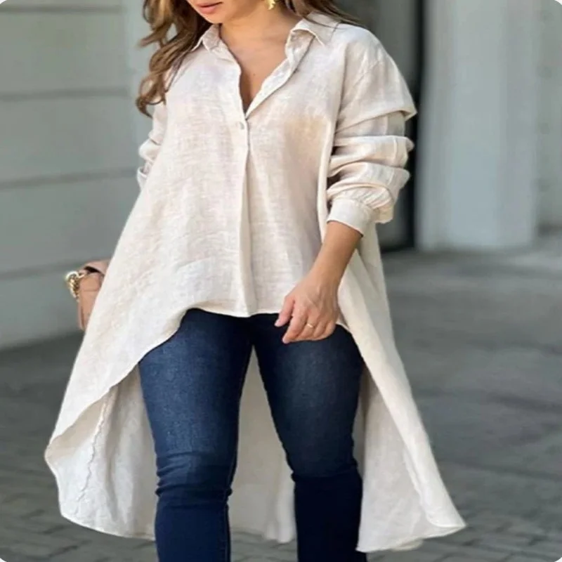 

Womens Long Dress Lapel Shirts Dressy Casual V Neck Solid Blouses Long Sleeve Fall Loose Tops
