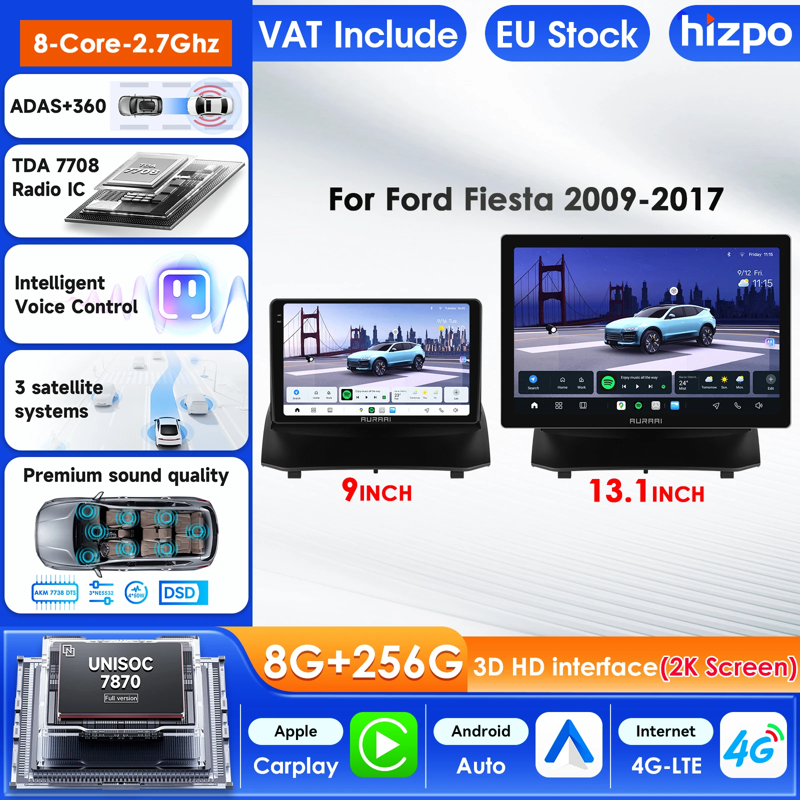 Écran intelligent pour voiture, autoradio Carplay Android Auto pour Ford Fiesta Mk 6 2009-2017 Fiesta Mk 7, lecteur vidéo multimédia, GPS stéréo, écran intelligent de 9 pouces, écran QLED, unité principale automobile, navigation, WIFI 5G, DSP, ADAS, USB, DVR, SWC, FM, AM, RDS, caméra 1