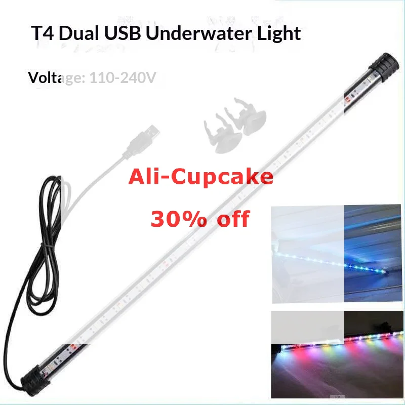 17-57cm Aquarium LED Lighting Submersible Mood Lamp T4 Double Row USB Waterproof Fish Tank Decorative Plant Grow Light