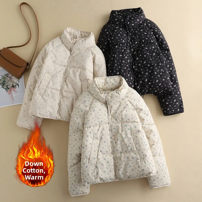 

Thiened Cotton Jaet с цветочным принтом, повседневное повседневное пальто с воротником-стойкой, женское повседневное осеннее пальто большого размера с хлопковой подкладкой