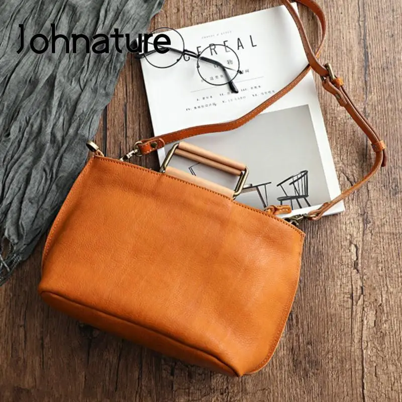 Johnature Handmade Natural Cow Leather Women Bag 2024 New Simple Retro Handbag Large Capacity Solid Color Shoulder Bags