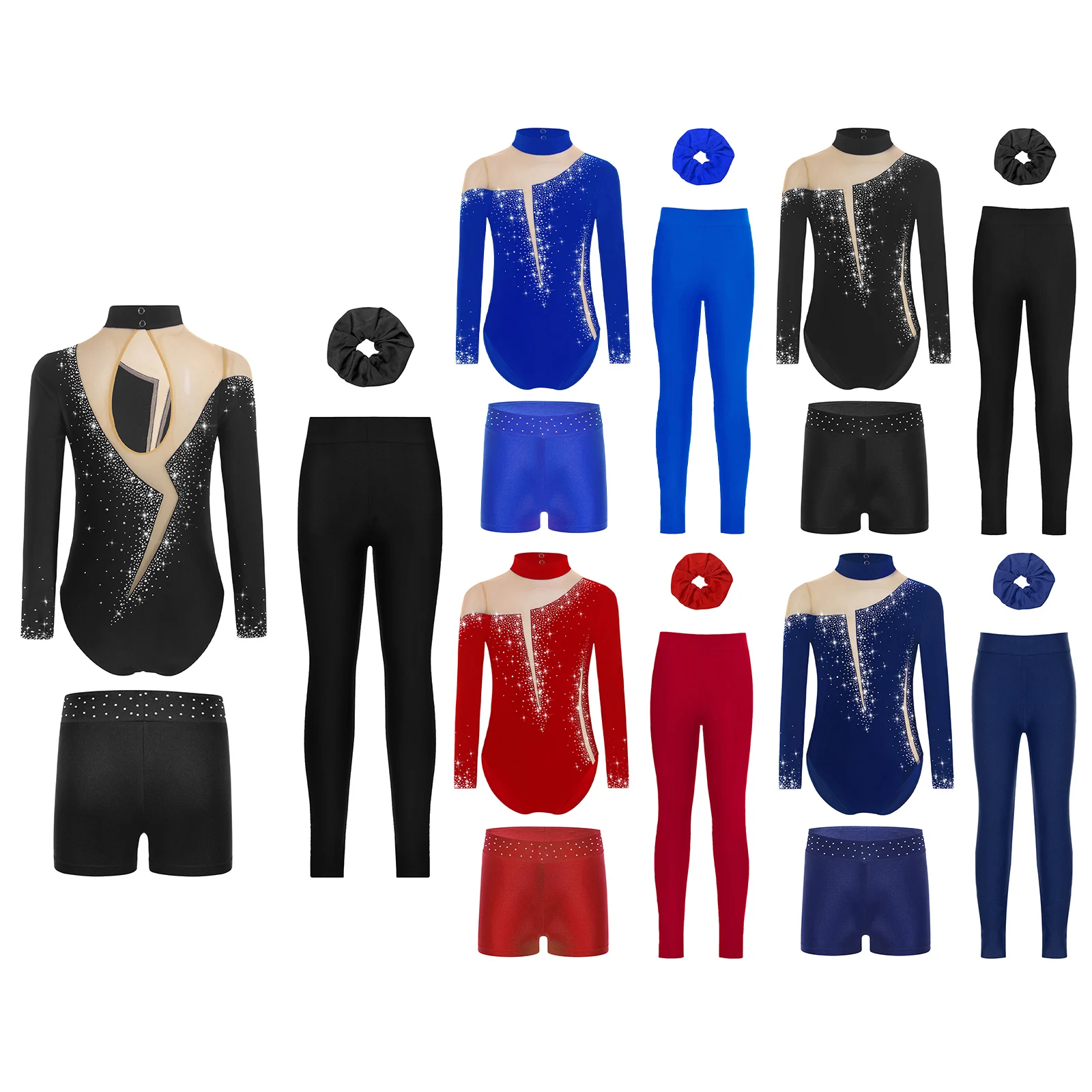 Kids Girls Athletic Gymnastics Ballet Latin Jazz Leotard Long Sleeve Sheer Mesh Patchwork Rhinestones Set Shorts And Hairband