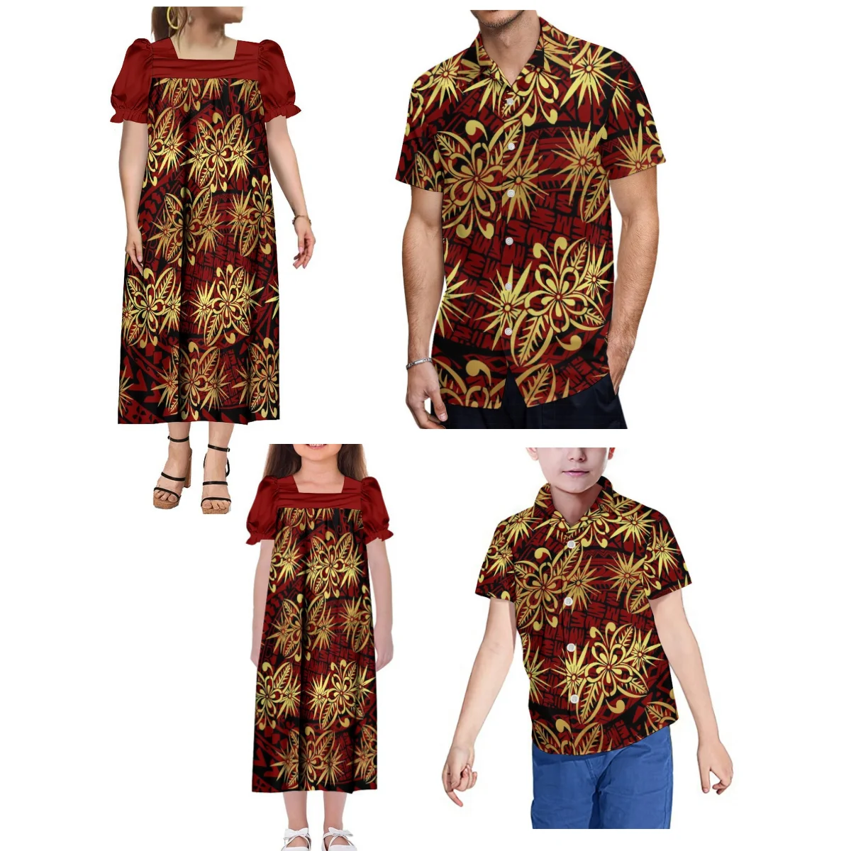 

Micronesia Family Suit For Women Mumu Dress For Girls Dress And Men'S Shirt For Boys Top For Polynesian Matching Couple Suit