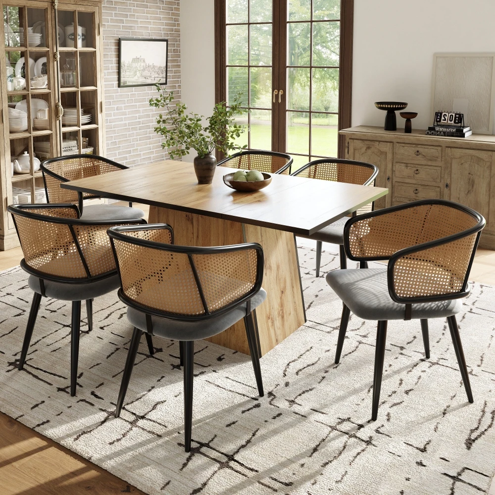 46x52x90cm Set aus 6 modernen Esszimmerstühlen mit Rattan-Rückenlehne, samtweichem Sitzkissen, bequem, atmungsaktiv, schlichter Stil, Haushalts-Freizeitstühle für Esszimmer, Wohnzimmer, Café,