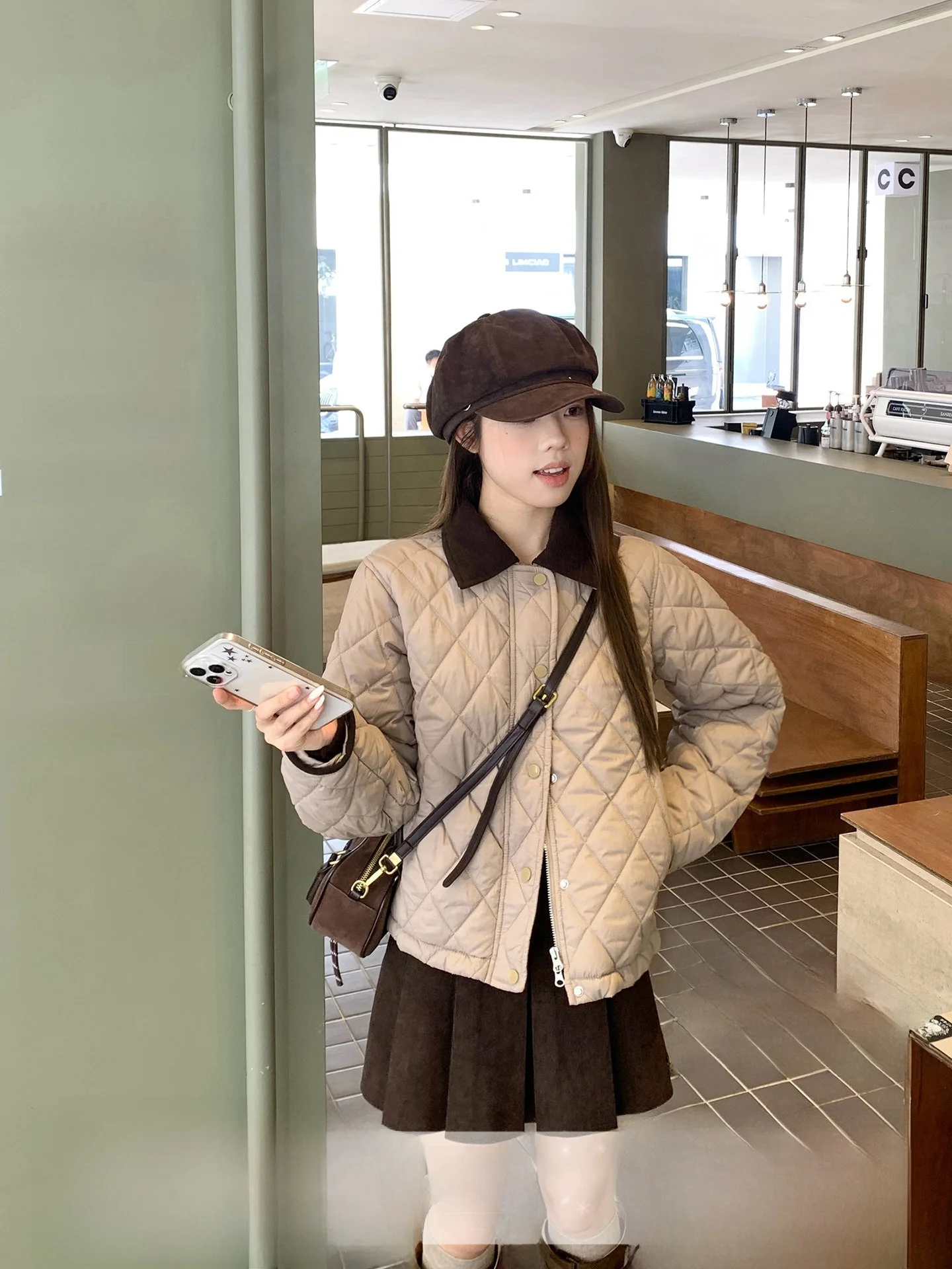 

i Color Diamond Pattern Collar Loose Women's Cotton Jaet Warm Outerwear Commute Fall Season Versatile Faionable ort ...