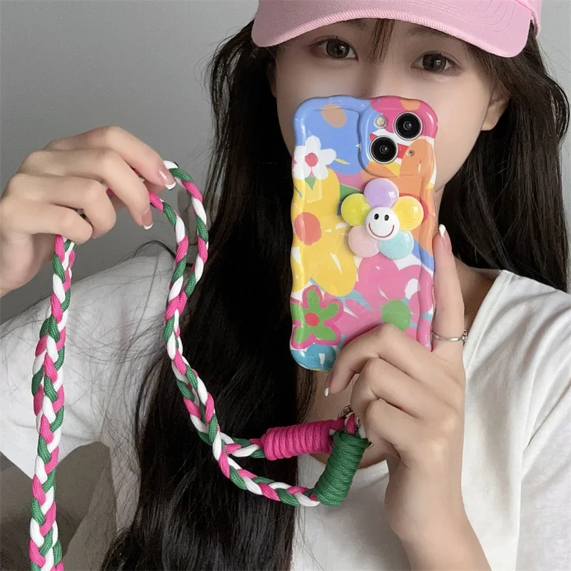 Color Crossbody Shoulder Strap Phone Case For iPhone 14 11 12 13 Pro Max 14pro Cover Korean Cute Flower Silicone Cases For Women