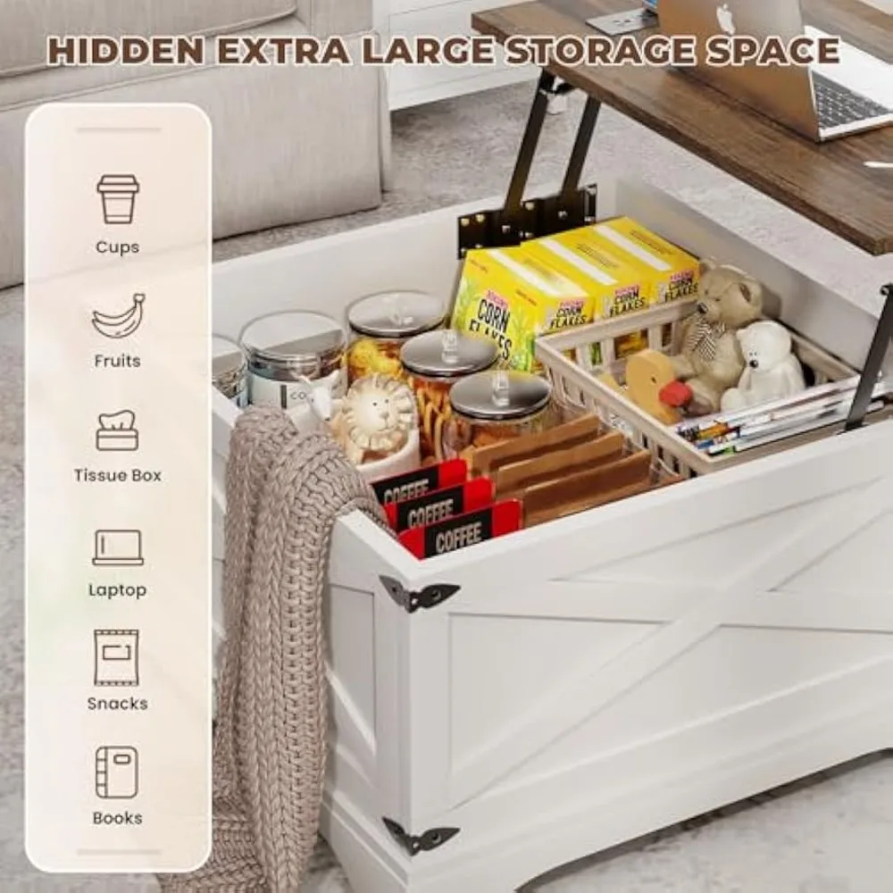 طاولة قهوة قابلة للرفع مع مساحة تخزين، طاولة قهوة مربعة لغرفة المعيشة مع شحن لاسلكي، طاولة قهوة للمزرعة