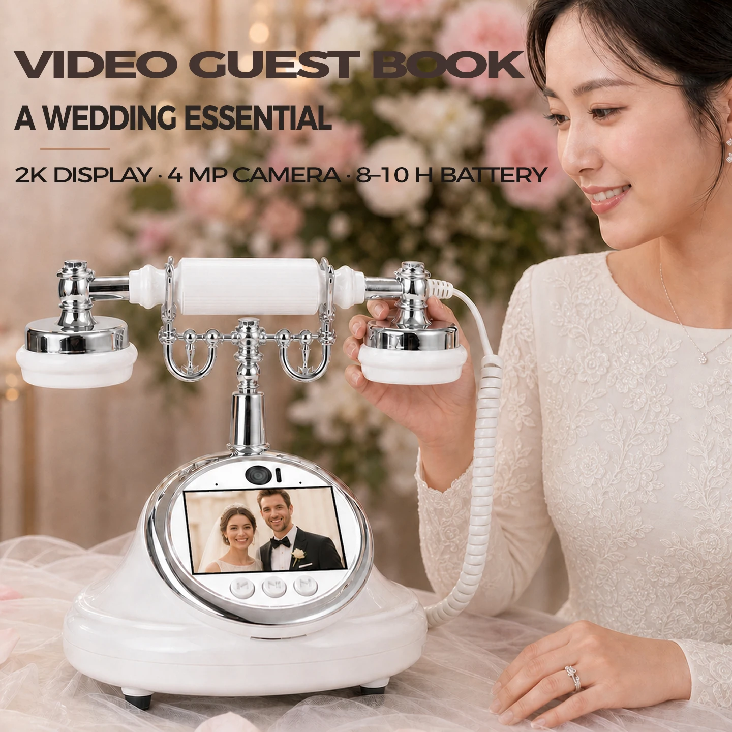64G Retro Wedding Video Message Guest Book Telephone, Guest Blessing Video Sign‑in & Photo Capture Machine for Party & Gathering