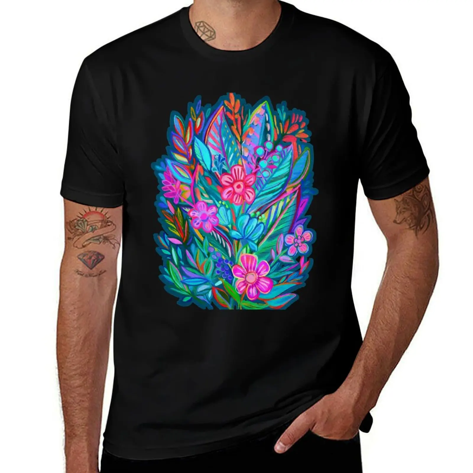 Exuberant Bouquet in Aqua, Fuchsia and Emerald T-Shirt Everyday Wear Basic Short Sleeve Top T-Shirt