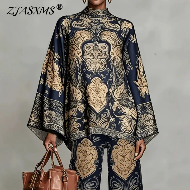 Women Flare Sleeve Printed 2 Piece Sets Stand Collar Loose Blouse High Waist Wide Leg Pants Suit Boho Solid Resort Casual Outfit
