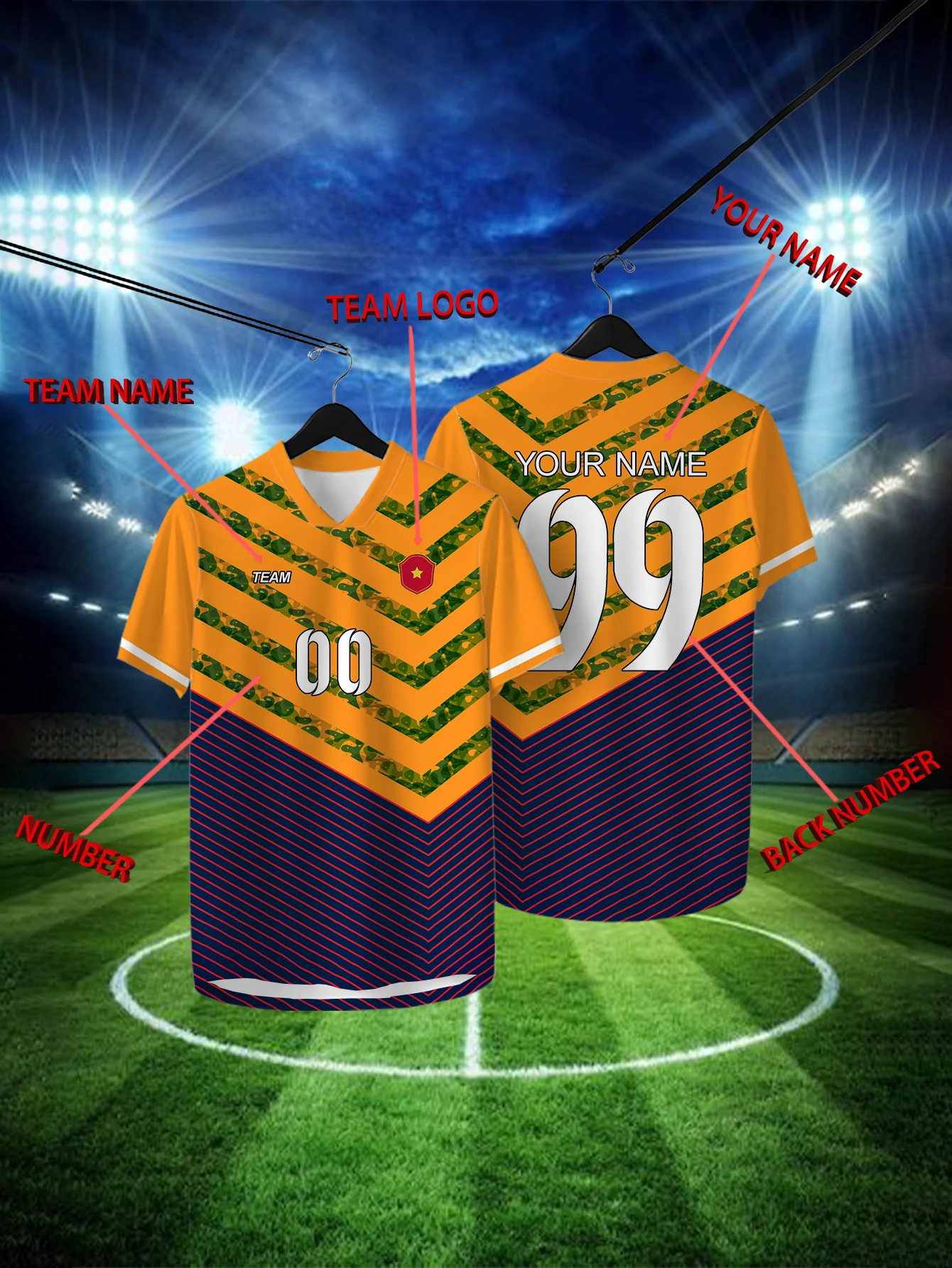 

Customized Geometric Orange Short Sleeved Shirt with Team Name, Emblem, Name and Number, Outdoor Sports Short Sleeved T-shirt