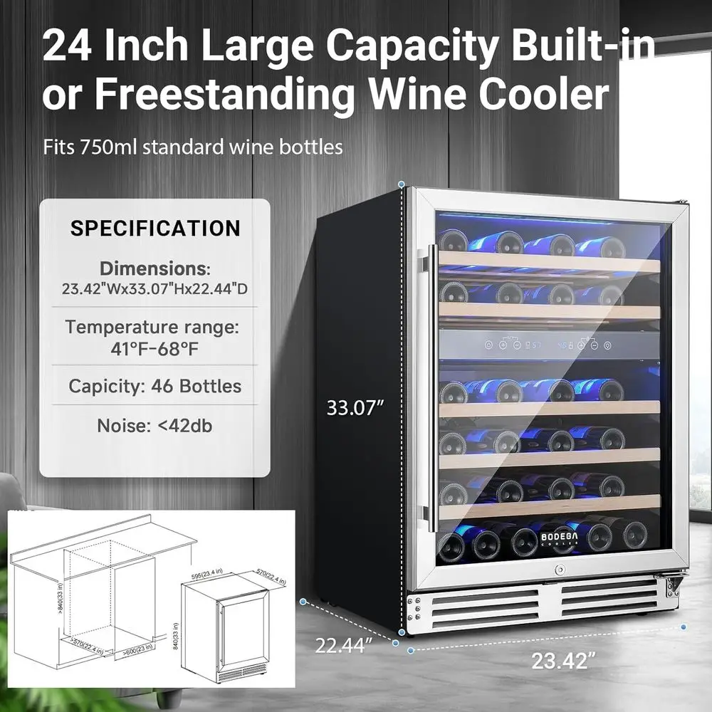 24 Dual-Zone Under-Counter Wine Cooler, 46-Bottle Capacity, Adjustable Shelves, Energy Efficient image 2