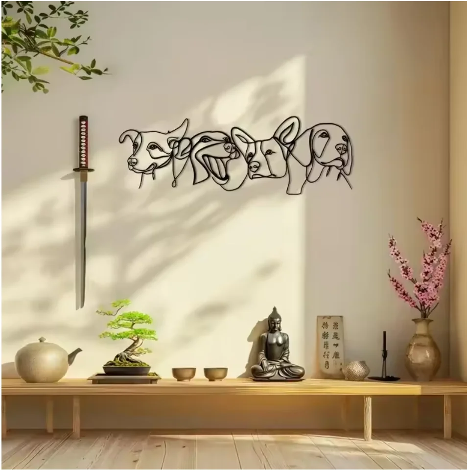 Quirky Metal Dog Wall Art, Unique Modern Home Decor, Fun Line Drawing Design, 4 Cute Dogs, 15.75× 5.3inch