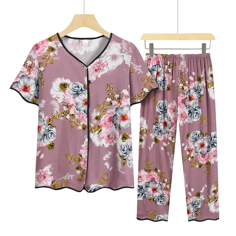 

Fdfklak Summer Pajamas For Ladies Short-Sleeve Home Service Suit 2PCS Floral Print Pyjamas Loungewear Female Sleep Clothes