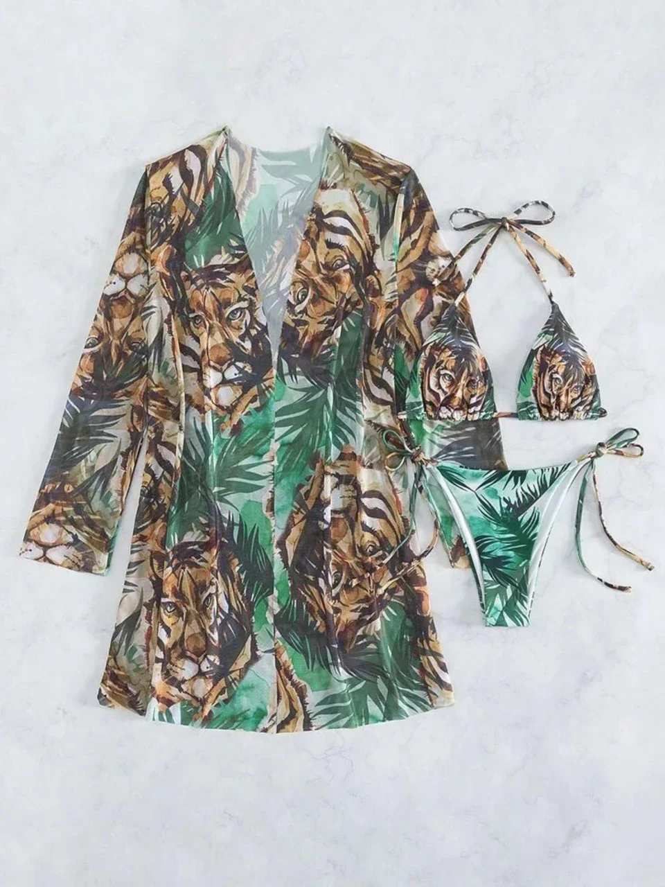 Nieuwe 3-delige tijgerprint bikini met cover-up badmode vrouwen string badpak vrouwelijk badpak zwemmen zomer dame strandkleding