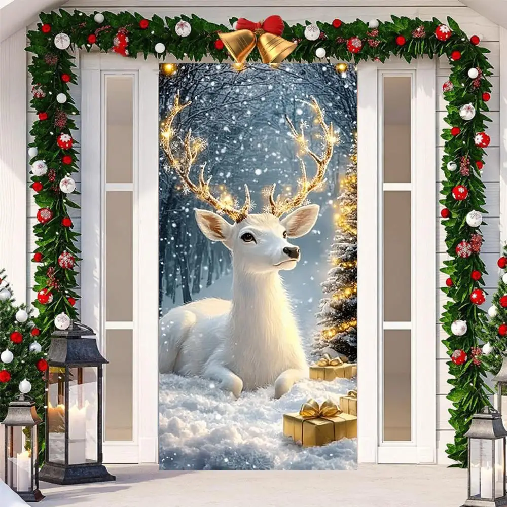 White Elk Snowy Scene Banner 2025 Xmas Door Cover Decoration Polyester Merry Christmas Winter New Year Holiday Photo Booth Navid