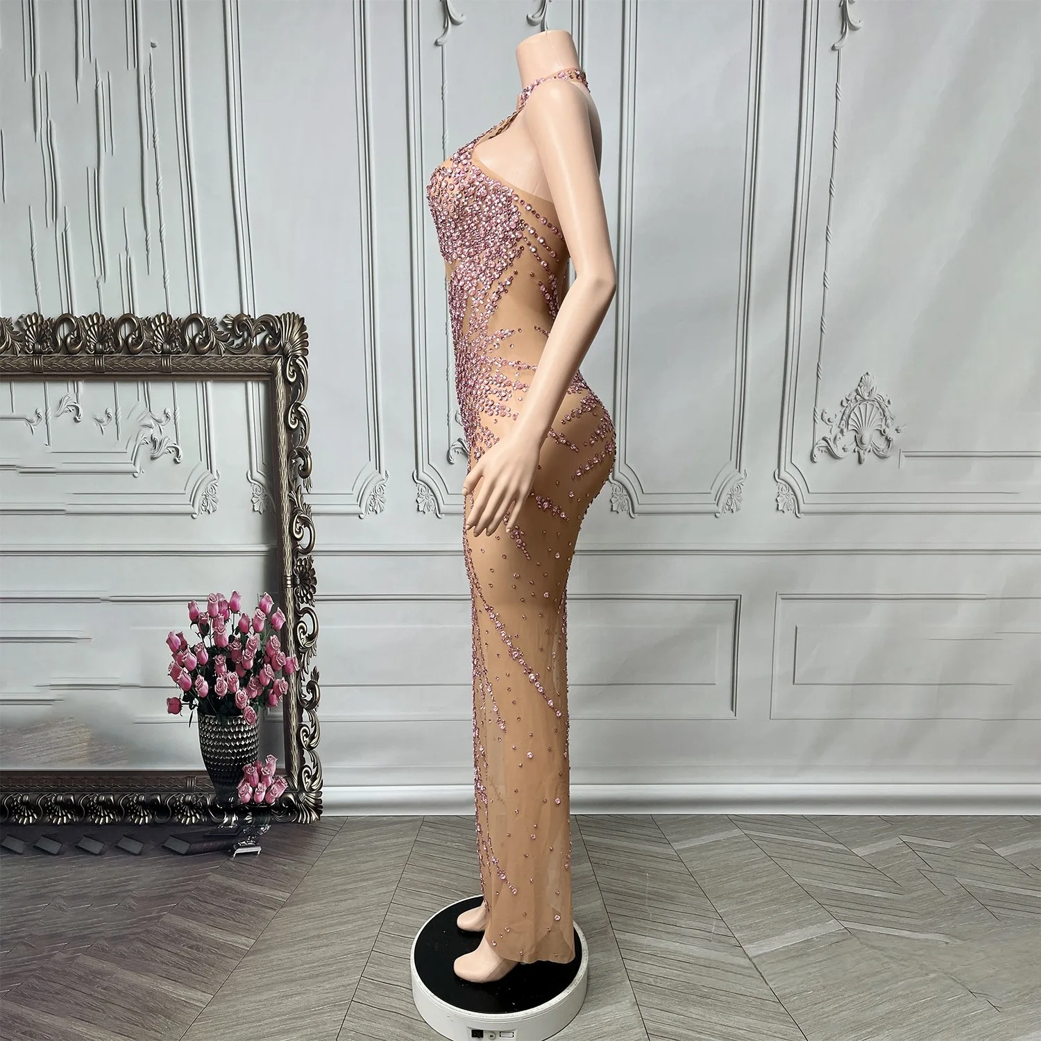 Women luxury Evening Party Prom Gowns Purple Diamonds Stick Mesh Bodycon See Through Special Occassion Birthday Celebrity Dress