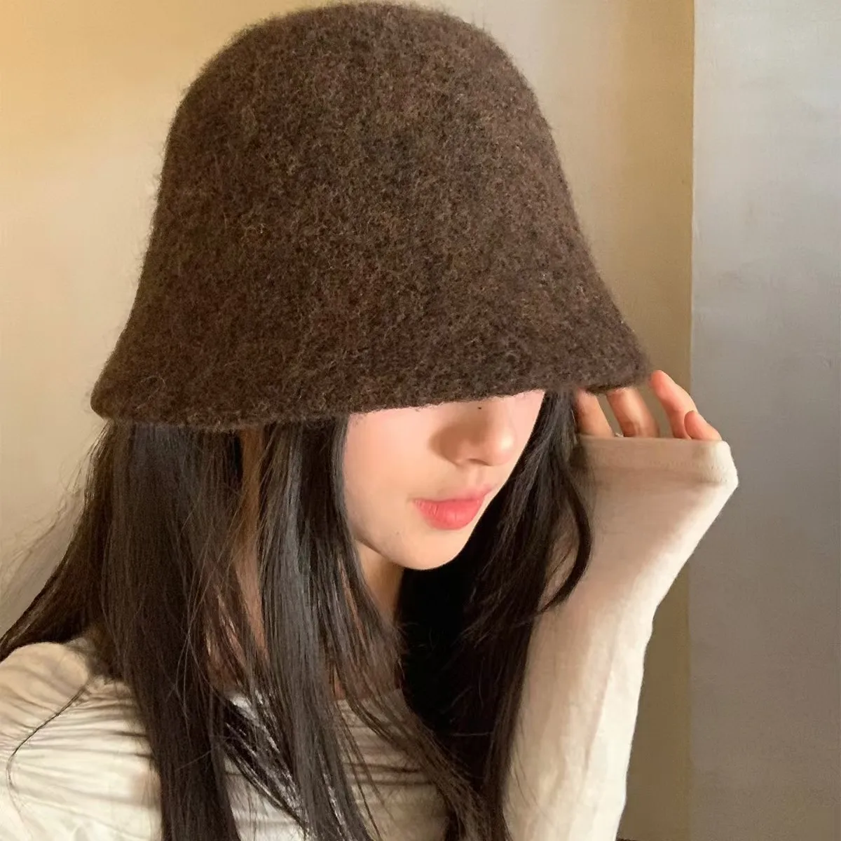 Women Wool Blend Bucket Hat Solid Color Vintage Cloche Hat Soft Furry Warm Winter Fall Fisherman Cap gril Casual Daily Headwear