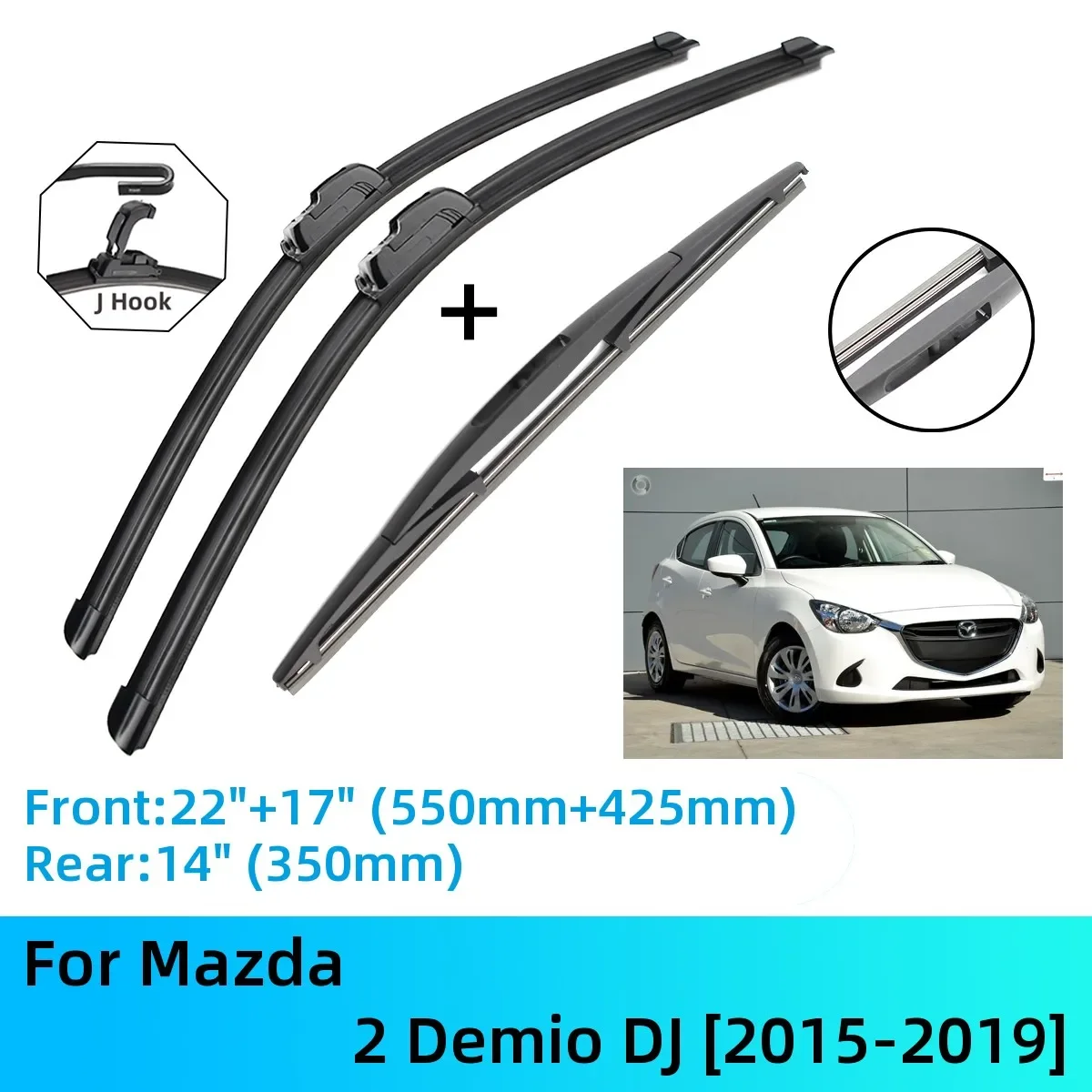 

For Mazda 2 Demio DJ Front Rear Wiper Blades Brushes Cutter Accessories J U Hook 2015-2019 2015 2016 2017 2018 2019