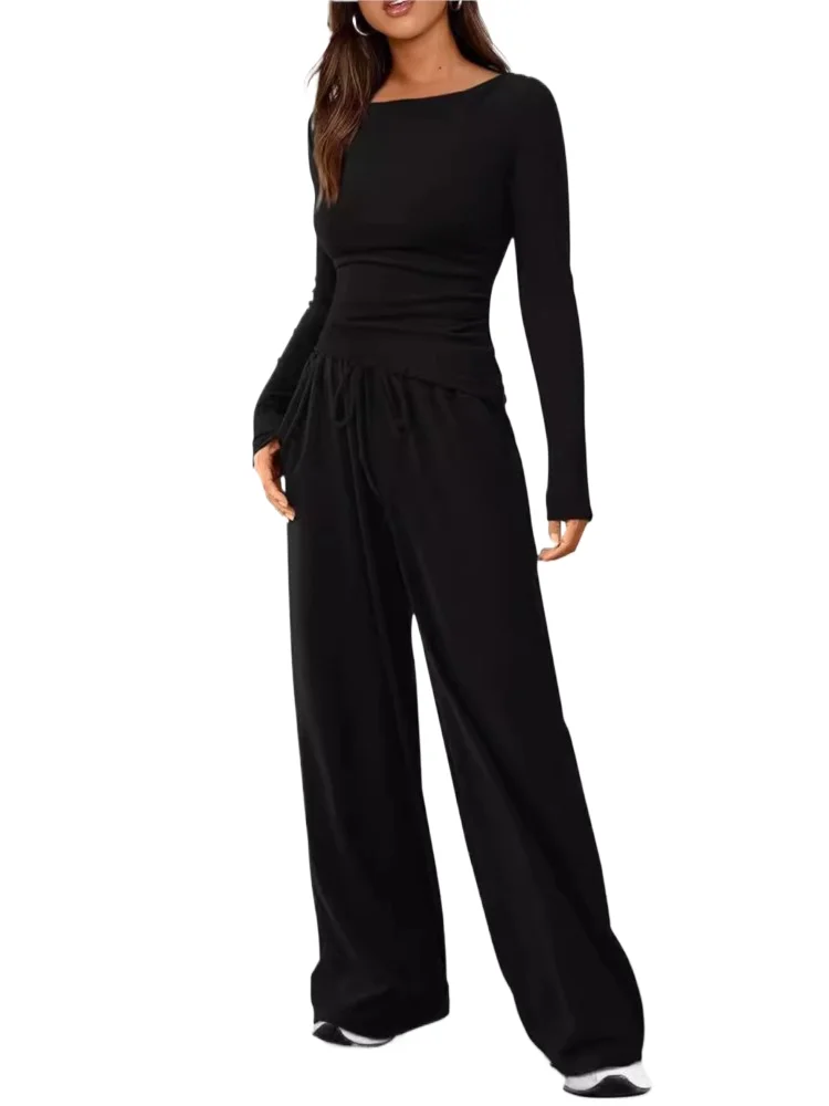 

Women's Casual Set Two-piece Solid Color Round Neck Tight Long Sleeved T-shirt High Waist Wide Leg Pants Casual Sportswear