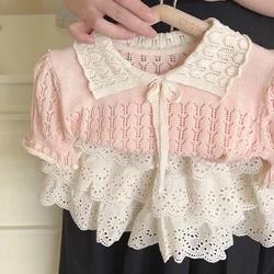 2024 New Summer 2-7Yrs Baby Girl Clothes Suit Short Sleeved Knitted Hollow Out Pullover+Skirt Pants Baby Girls Clothing Set