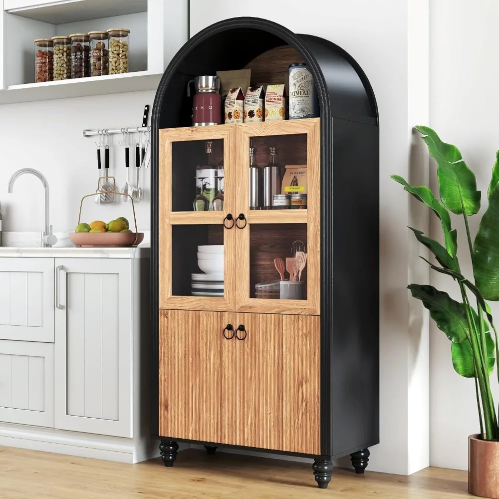 

66.6" Arched Kitchen Pantry Cabinet, Wooden Freestanding Storage Cabinet with Glass Doors and Adjustable Shelf