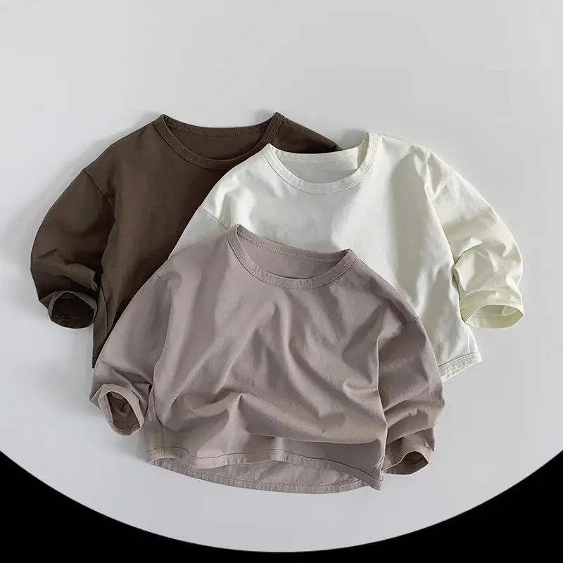 

2025 Spring New Children Long Sleeve T Shirts Solid Color Boys Simple Casual Tees Baby Girls Bottoming Shirts Kids Clothes