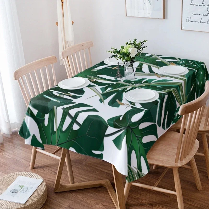 Tropical Jungle Leaves Monstera Green White Waterproof Tablecloths Kitchen Coffee Table Cloth for Living Room Dining Table Decor