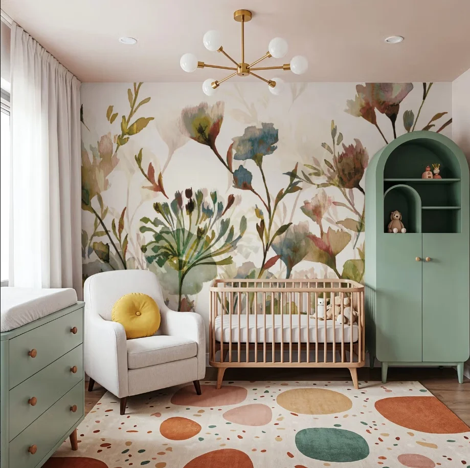 Customized size mural with soft watercolor flowers and leaves, cream colored background wallpaper, pastoral decorative painting