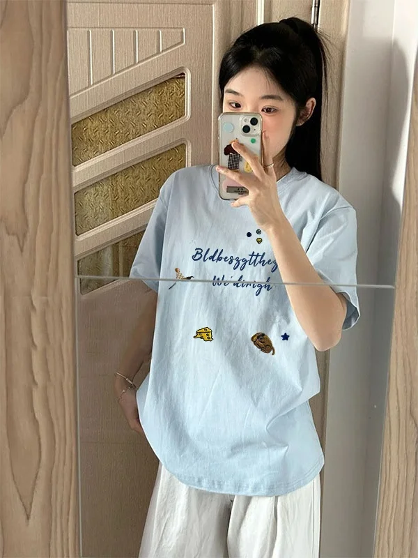 

Loose Cotton ort Sve T-irt ex Summer Breathable Comfortable Print round Ne Top for Youth Casual Wear