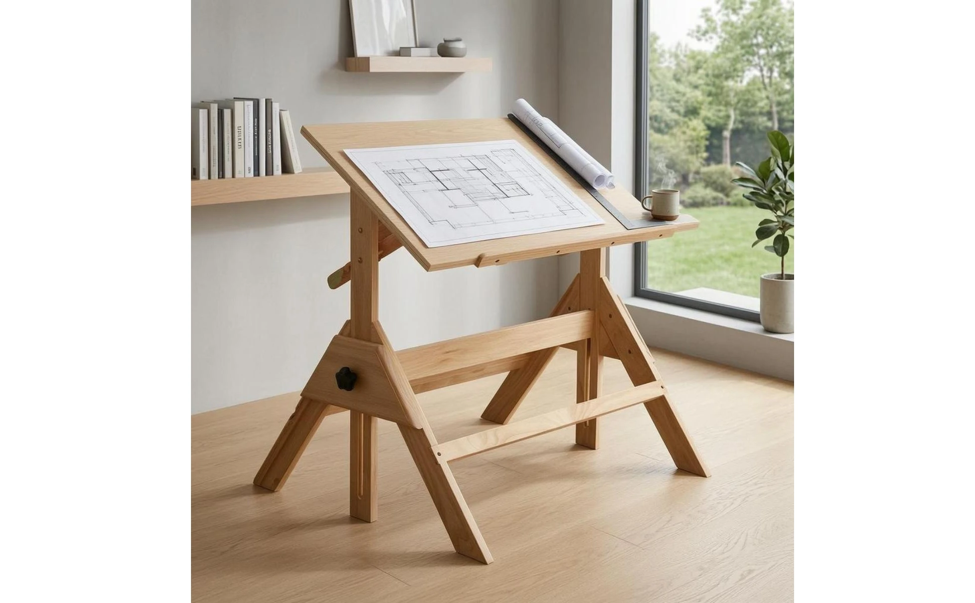 Adjustable Drafting Table L-Shaped Drafting Ruler Included Wooden Drafting Table Tilting Art Desk Built-in Ruler