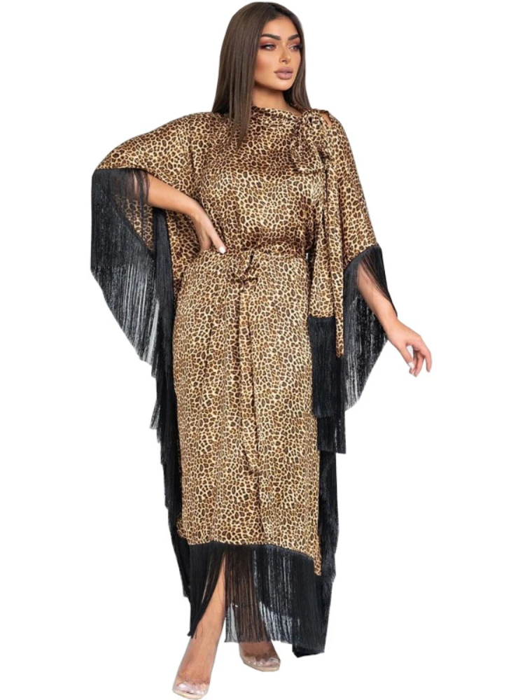 Vestido longo estampado de leopardo feminino, Eid, Muçulmanos, Abaya, Kaftan, Borla, Manga de morcego, Árabe, Dubai, Marrocos, Ramadan, Deslumbrante