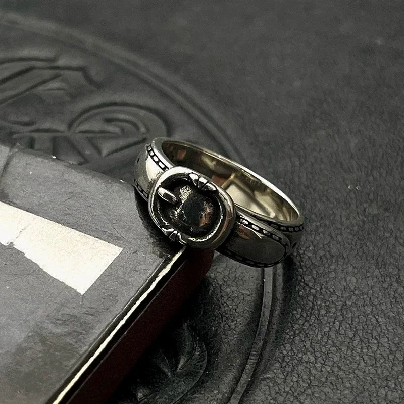 S925 sterling silver retro old belt ring men and women niche hip hop personalized belt ring high sense