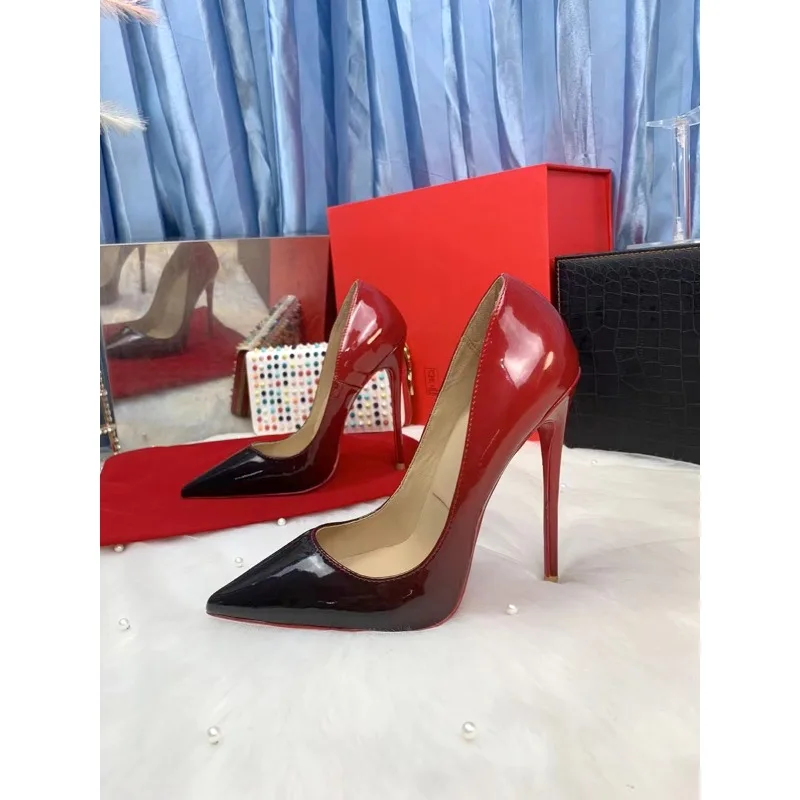 

European and American red and black gradual change color matching patent leather pointed sexy banquet high heels