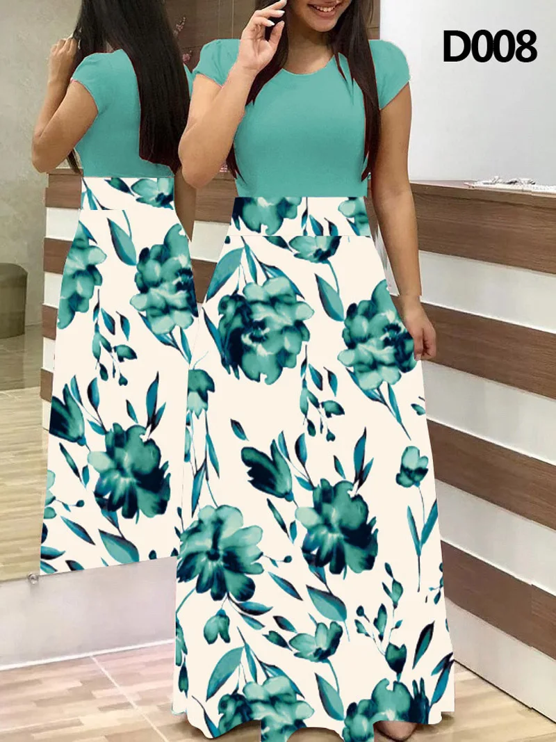 Leisure and loose fitting 2024 spring/summer fashionable flower print color blocking short sleeved women\'s elegant dresses