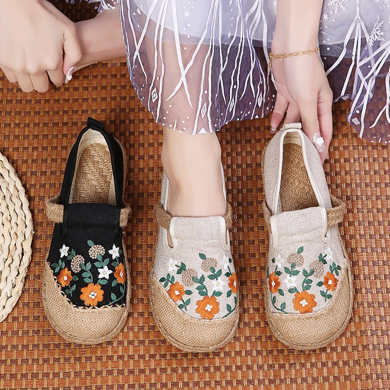 2023Women Casual Linen Handmade Embroidery Mules Flat Slippers Retro Vegan Summer Ladies Canvas Comfortable Espadrille Shoes