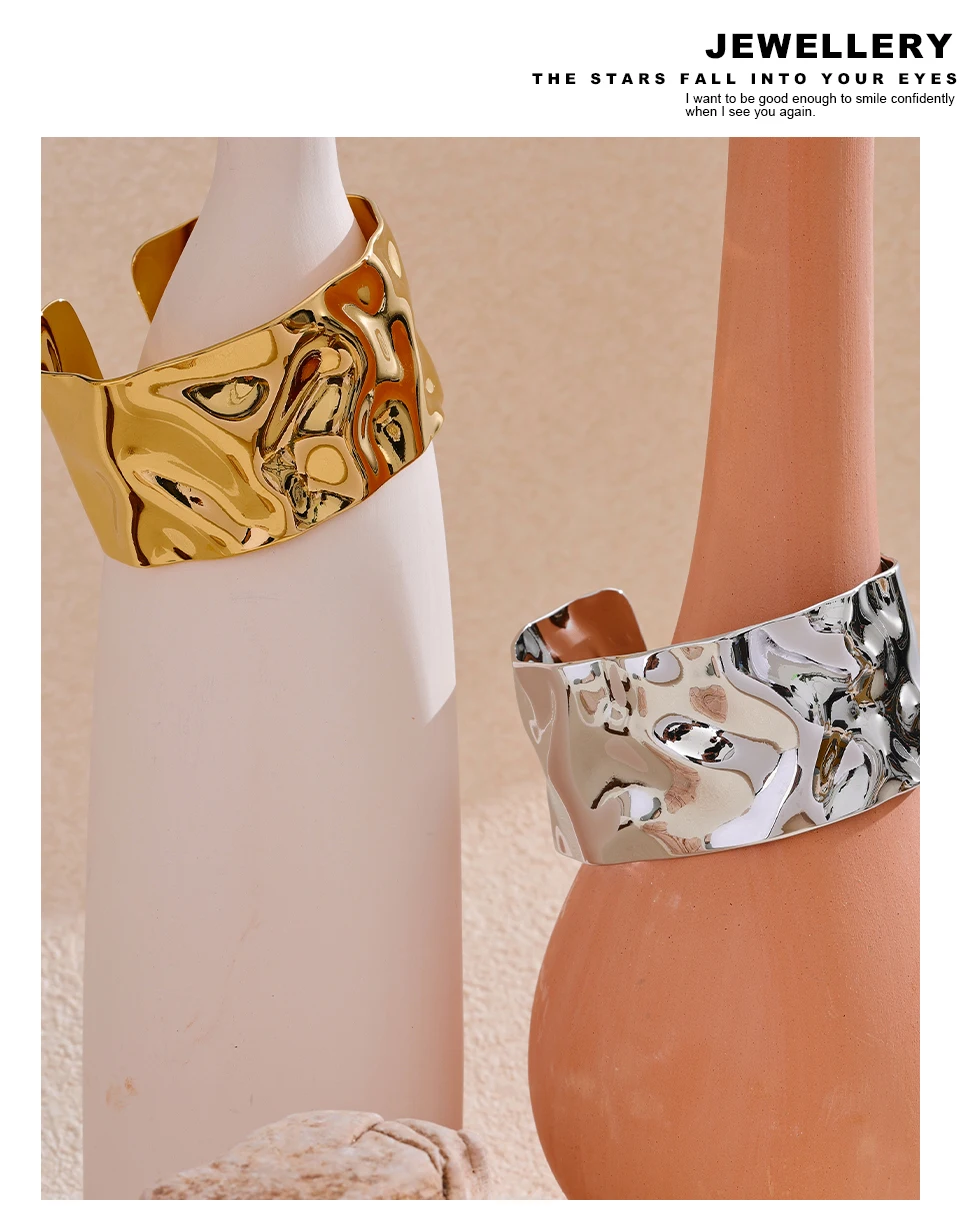 Yhpup Breites großes offenes Armband aus Edelstahl mit Metallmanschette, 18 Karat Gold, PVD-beschichtet, Statement-Wasserdicht, Handgelenkschmuck, Bijoux – Detail 9