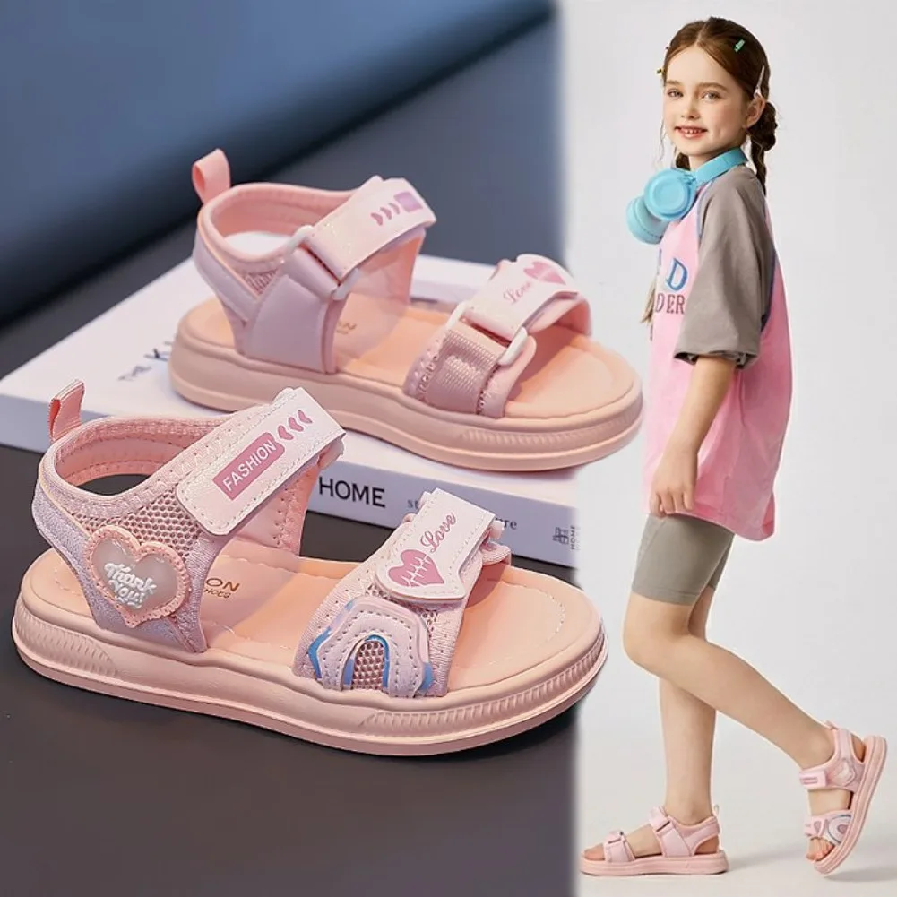 Girls' Heart-Shaped Princess Sandals, Spring/Summer 2026 New Style, Velcro Open-Toe, Beach Shoes Solid Color Fashion Sports